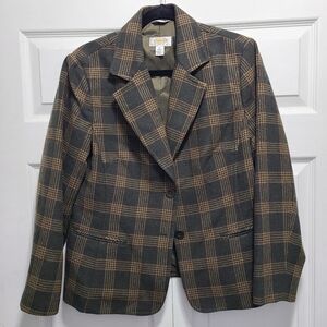 vtg TALBOTS Green Plaid Wool Blend Blazer‎ Jacket Lined Made in USA